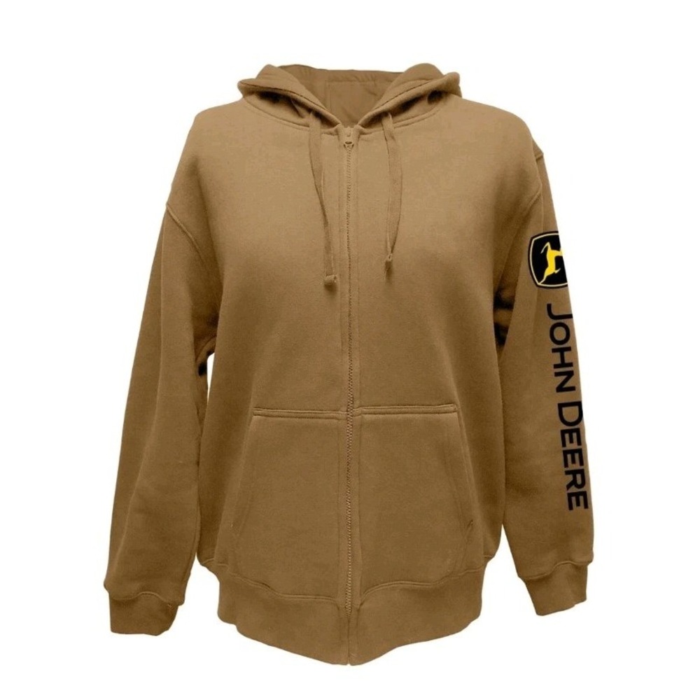 John Deere Mens Construction Full Zip Brown Hoodie Jacket XL Logo Arm